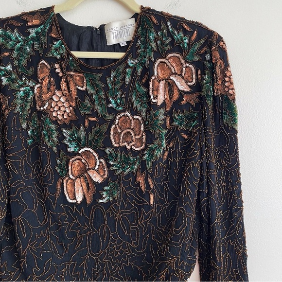 Elegant Vintage beaded bodysuit embellished unique 80s silk floral sequin event - Picture 2 of 16